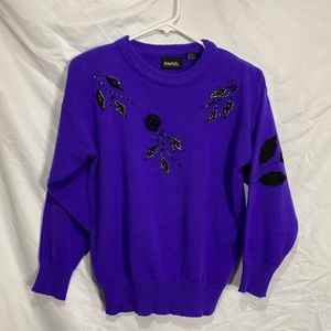 Vintage purple sweater black flower beaded S/M 1980s